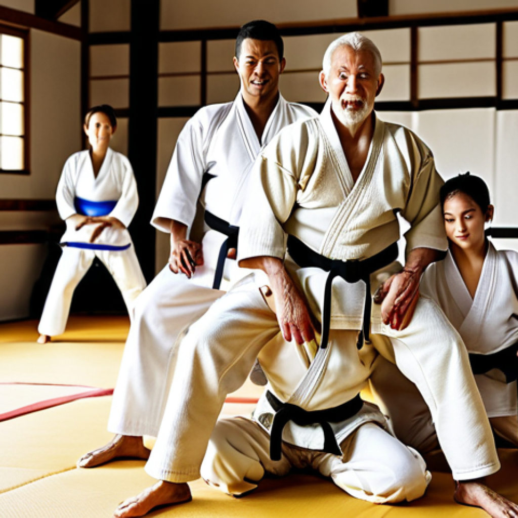 **

A diverse group of people of different ages and fitness levels practicing Judo in a brightly lit dojo. Focus on the dynamic movement, teamwork, and the joy of learning martial arts. Emphasize the physical exertion and mental focus.

**