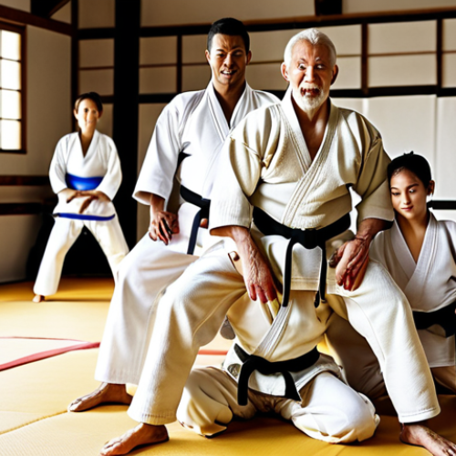 Home 15 **
A diverse group of people of different ages and fitness levels practicing Judo in a brightly lit dojo. Focus on the dynamic movement, teamwork, and the joy of learning martial arts. Emphasize the physical exertion and mental focus.
**
