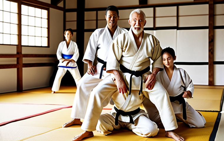 **
A diverse group of people of different ages and fitness levels practicing Judo in a brightly lit dojo. Focus on the dynamic movement, teamwork, and the joy of learning martial arts. Emphasize the physical exertion and mental focus.
**
