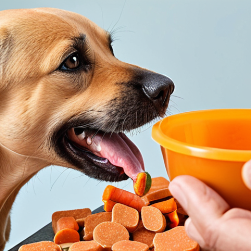 Home 8 **Image of a happy dog (Bundoq) during training, receiving a small, healthy treat from its owner. The background should show a variety of colorful and natural dog treats like boiled chicken, carrots, and commercial treats with natural ingredients.** (Focus: Positive reinforcement, healthy ingredients, variety)
