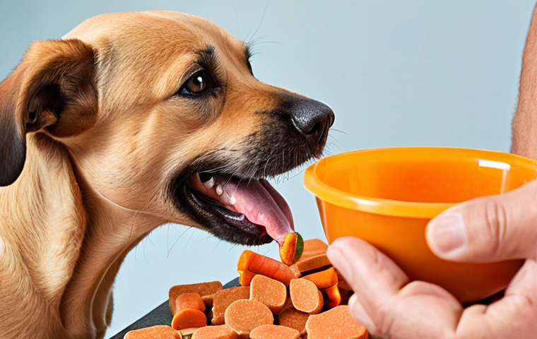 **Image of a happy dog (Bundoq) during training, receiving a small, healthy treat from its owner. The background should show a variety of colorful and natural dog treats like boiled chicken, carrots, and commercial treats with natural ingredients.** (Focus: Positive reinforcement, healthy ingredients, variety)