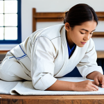 A skilled artisan, fully clothed in a professional, modest work shirt and durable trousers, thoughtfully hand-stitching a unique decorative throw pillow crafted from an upcycled white judo uniform. The pillow, featuring its distinct durable fabric and subtle, elegant blue thread details, rests on a sturdy wooden workbench in a well-lit, clean art studio. The atmosphere is calm and creative, emphasizing sustainability and craftsmanship. Professional photography, high resolution, soft natural lighting, appropriate content, safe for work, family-friendly, perfect anatomy, correct proportions, well-formed hands, natural body proportions.