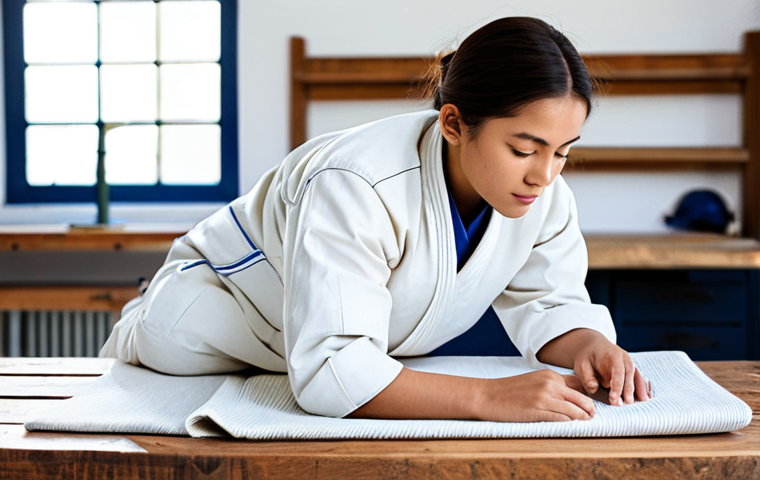 A skilled artisan, fully clothed in a professional, modest work shirt and durable trousers, thoughtfully hand-stitching a unique decorative throw pillow crafted from an upcycled white judo uniform. The pillow, featuring its distinct durable fabric and subtle, elegant blue thread details, rests on a sturdy wooden workbench in a well-lit, clean art studio. The atmosphere is calm and creative, emphasizing sustainability and craftsmanship. Professional photography, high resolution, soft natural lighting, appropriate content, safe for work, family-friendly, perfect anatomy, correct proportions, well-formed hands, natural body proportions.