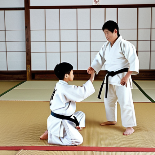 Home 12 **Judo Greeting:** "A young, fully clothed martial artist in a clean, white judogi, performing a standing bow (Ritsu-rei) to their instructor in a traditional dojo setting. The dojo has tatami mats and simple decor. Perfect anatomy, correct proportions, natural pose. Safe for work, appropriate content, family-friendly, professional photography, high quality."