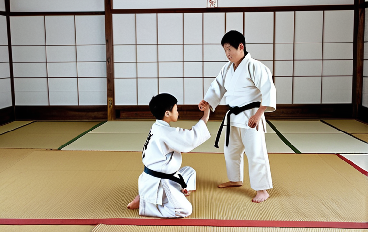 **Judo Greeting:** "A young, fully clothed martial artist in a clean, white judogi, performing a standing bow (Ritsu-rei) to their instructor in a traditional dojo setting. The dojo has tatami mats and simple decor. Perfect anatomy, correct proportions, natural pose. Safe for work, appropriate content, family-friendly, professional photography, high quality."