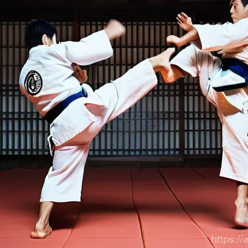 유도 중급자를 위한 강의 - **Prompt:** A dynamic, wide-angle shot capturing the peak of an advanced Judo throw, such as a "Hara...