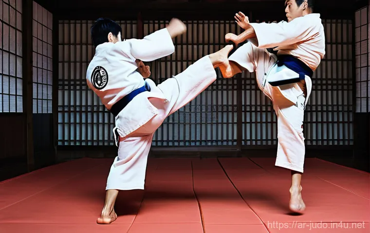 유도 중급자를 위한 강의 - **Prompt:** A dynamic, wide-angle shot capturing the peak of an advanced Judo throw, such as a "Hara...