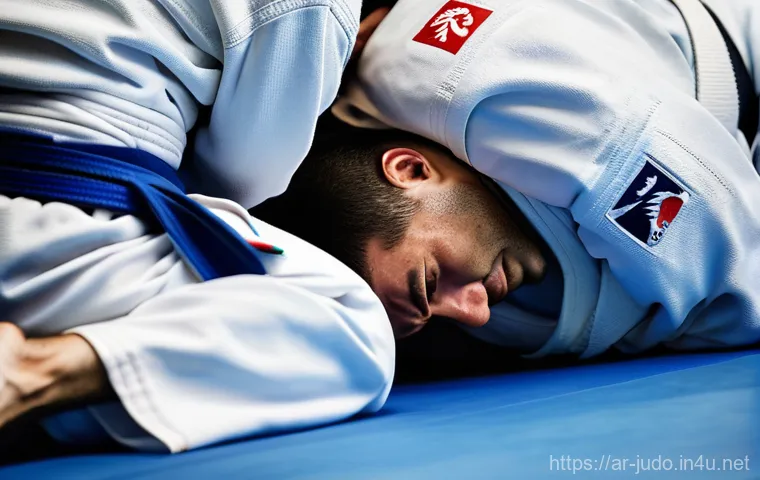 유도 중급자를 위한 강의 - **Prompt:** A dynamic, wide-angle shot capturing the peak of an advanced Judo throw, such as a "Hara...