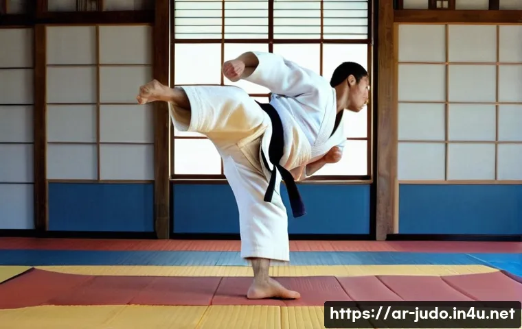 유도 기본 용어 사전 - **Dynamic Uchi Mata Throw in a Dojo:** A high-action, wide-angle shot of two male judokas engaged in...