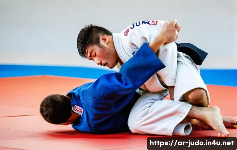 유도 대회 준비 팁 - A dynamic shot of a strong male judoka in his late 20s, mid-air, executing a powerful Uchi Mata (inn...