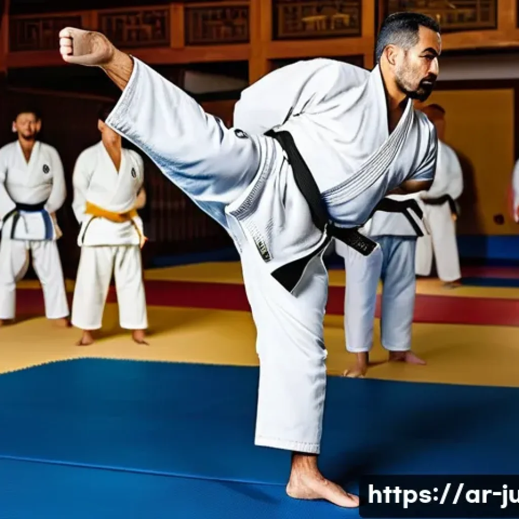 유도 수업의 장단점 - A dynamic judo training scene in a modern dojo with Arabic cultural elements subtly integrated into ...