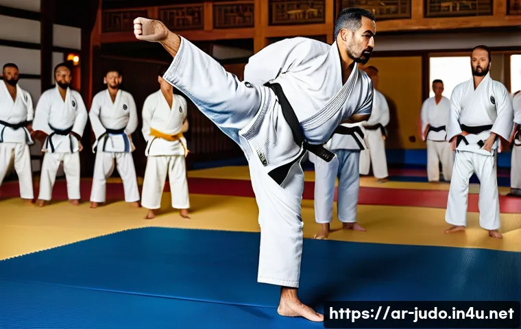 유도 수업의 장단점 - A dynamic judo training scene in a modern dojo with Arabic cultural elements subtly integrated into ...