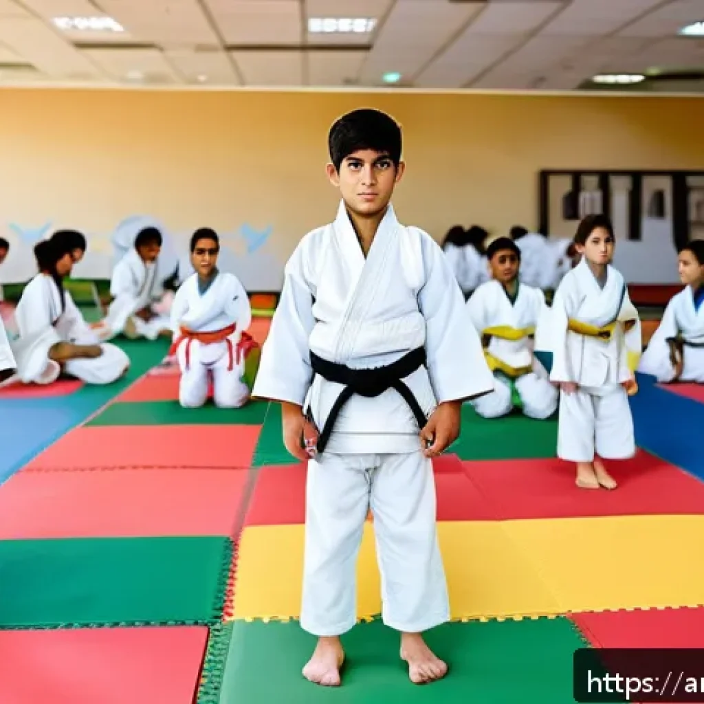 유도 학원 등록 가이드 - A diverse group of Arab children and teenagers practicing judo in a modern academy gym in Riyadh, Sa...