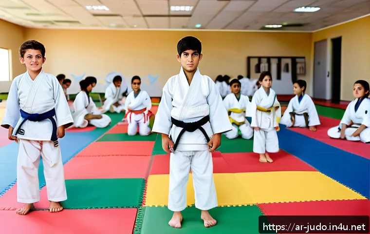 유도 학원 등록 가이드 - A diverse group of Arab children and teenagers practicing judo in a modern academy gym in Riyadh, Sa...