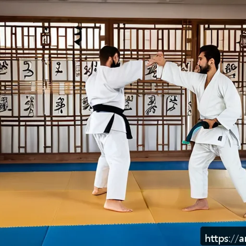 유도 특화 트레이너 찾기 - A detailed scene of a professional judo training session in a modern dojo with Arabic calligraphy de...