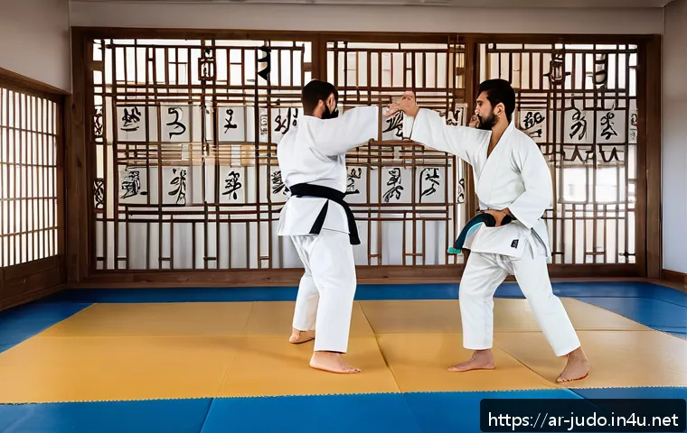 유도 특화 트레이너 찾기 - A detailed scene of a professional judo training session in a modern dojo with Arabic calligraphy de...