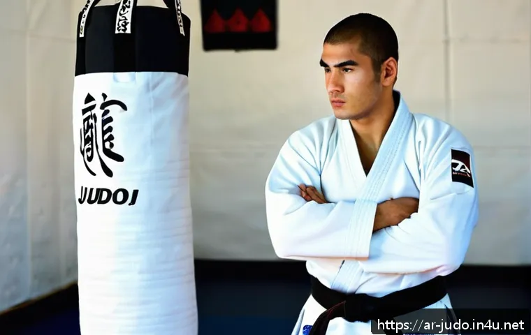 유도 장비의 AS 정책 - A professional dojo setting in a Middle Eastern gym, featuring a skilled judo athlete wearing a clea...
