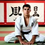 유도 영상 강의 추천 - A focused young Arab male judoka wearing a white judogi with a black belt, demonstrating precise bas...