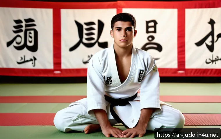 유도 영상 강의 추천 - A focused young Arab male judoka wearing a white judogi with a black belt, demonstrating precise bas...