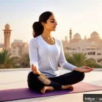 유도와 식단 관리의 중요성 - A serene morning scene featuring an Arabic woman in modest, comfortable yoga attire practicing deep ...