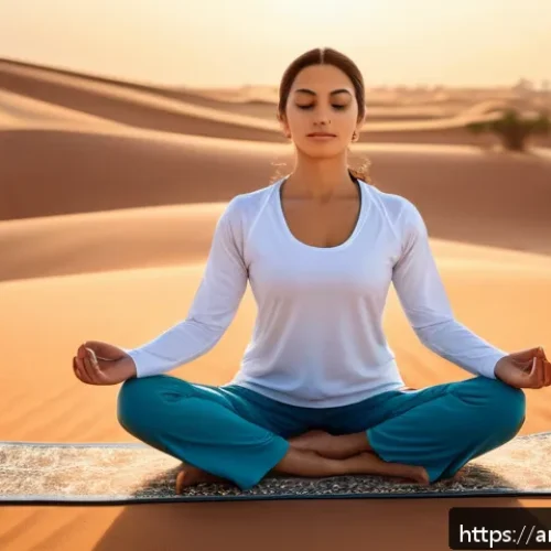 유도와 킥복싱 병행하기 - A serene Middle Eastern woman practicing yoga outdoors at sunrise, wearing modest, comfortable sport...