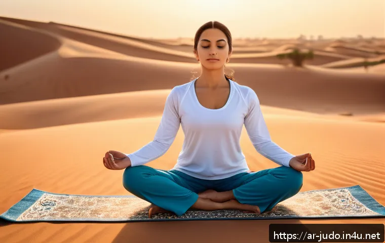 유도와 킥복싱 병행하기 - A serene Middle Eastern woman practicing yoga outdoors at sunrise, wearing modest, comfortable sport...