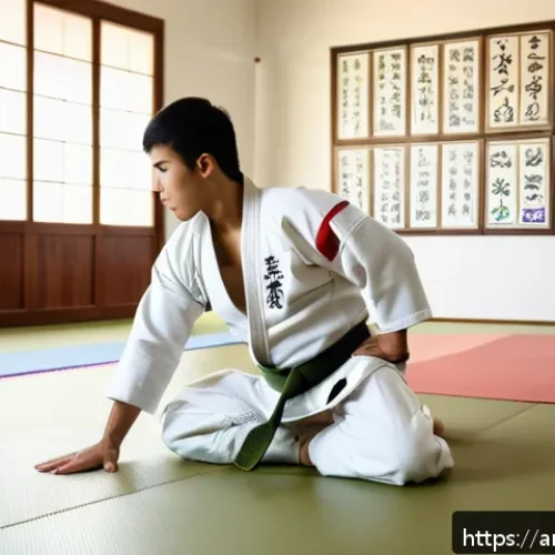 유도 훈련 전 필요한 체크리스트 - A detailed scene of a young adult male practicing warm-up exercises for judo in a traditional dojo d...