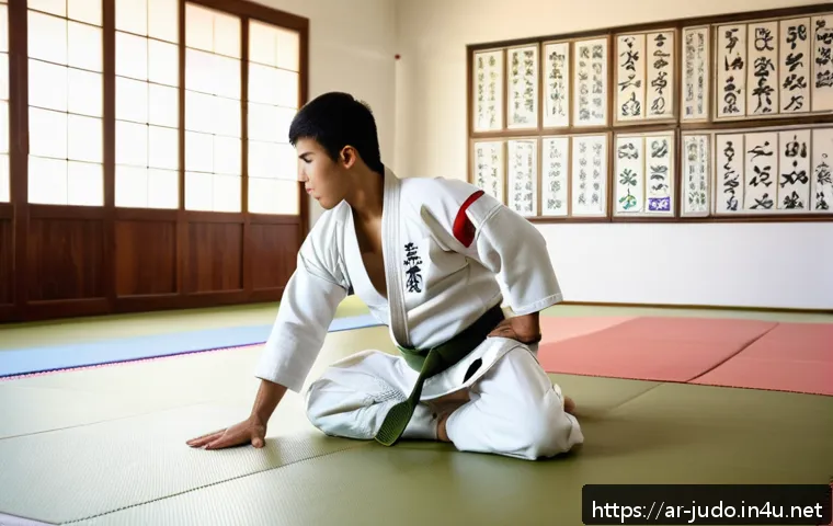 유도 훈련 전 필요한 체크리스트 - A detailed scene of a young adult male practicing warm-up exercises for judo in a traditional dojo d...
