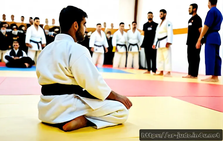 Home 17 유도 경기 비하인드 스토리 - Photorealistic behind-the-scenes moment at an Arab regional judo tournament, young adult male judoka...