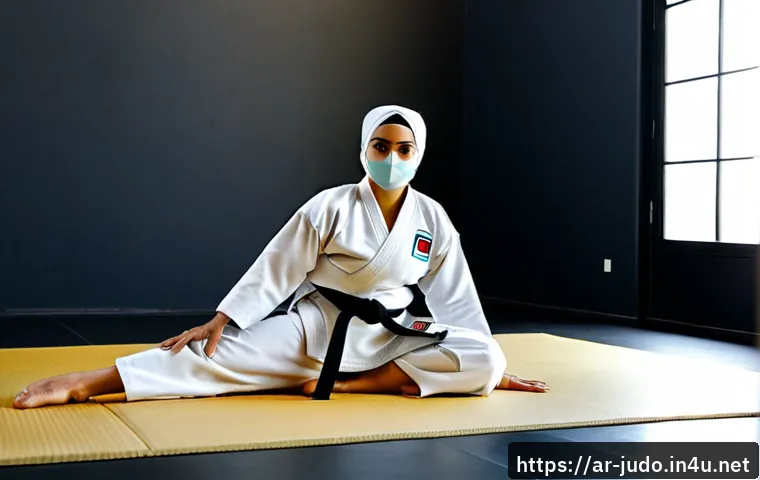유도 기본자세 배우기 - Photorealistic wide shot of an adult Arab man and adult Arab woman practicing basic judo ready stanc...