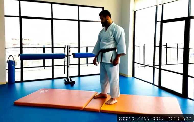 유도와 재활 치료의 관계 - Photorealistic rehabilitation gym in a modern Middle Eastern medical center, adult Arab man in clean...