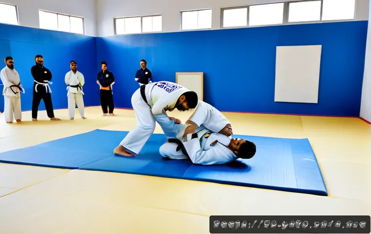 유도와 국제 교류 활동 - Photorealistic international judo exchange workshop in a bright modern sports hall in an Arab city, ...