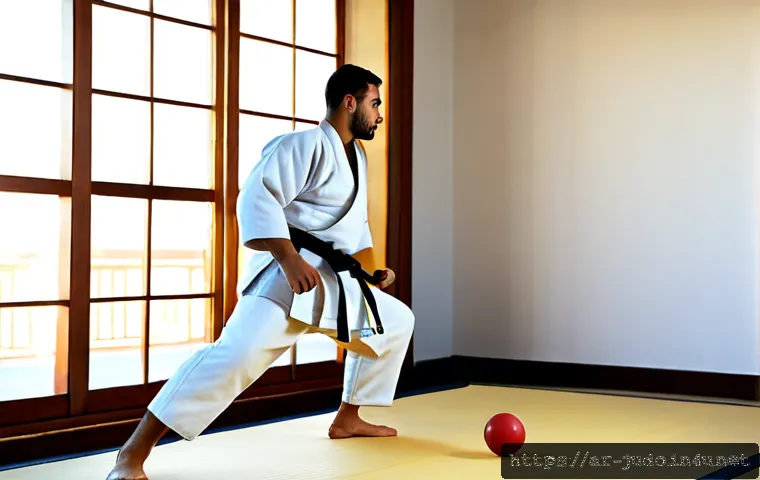 유도 체력 강화 방법 - Photorealistic judo fitness training in a bright modern dojo in an Arab city, athletic Arab male jud...